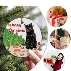 Pingente De Natal De Acrílico Gato Preto, Xmas Tree Hanging Animal Ornamentos, Decoração De Festa De Casa, Casamento, Ano Novo