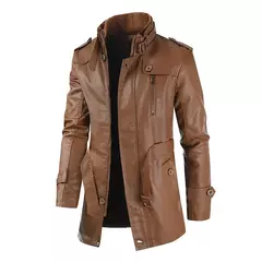 Imagem do Inverno casaco de lã grossa casaco de couro longo outwear moda quente casual vintage roupas para homem steampunk biker jaqueta