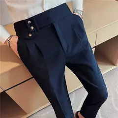 Calça formal de botão de cintura alta estilo britânico masculina, terno casual empresarial, calça de escritório, monocromática, alta qualidade, nova, primavera - Wolf Magazine