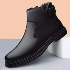 Botas de couro genuíno masculinas, botas de neve básicas masculinas, pele de pelúcia quente, calçado de plataforma antiderrapante, vestido formal, inverno na internet