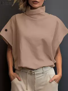 Imagem do ZANZEA-Camisa feminina elegante de gola alta, blusa manga curta, casual, tops de escritório soltos, festa, moda verão, 2022