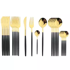 Aço inoxidável Golden Talheres Set, Faca, Garfo, Colher, Talheres, Talheres, Festival Cozinha, Louça, Presente, Punho Preto, 24pcs - loja online