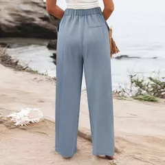 Calça larga de linho de algodão feminina, comprimento total, casual, monocromática, solta, cintura alta, reto, botão, verão - comprar online