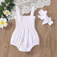 Roupas do bebê macacão de verão outfit cor sólida ruched criança menina casual sem mangas suspensórios crianças conjunto bandana - comprar online