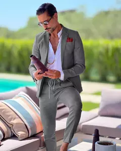 Terno de linho de peito único masculino, casaco casual, desgaste formal do trabalho, jaqueta, calças, slim fit, negócios, casamento, noivo, verão, 2 peças na internet