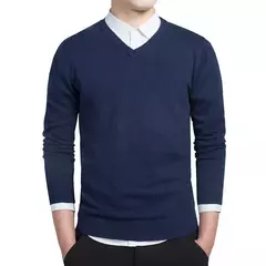 Imagem do Camisola de algodão tricotada com decote v masculino, pulôveres slim fit, monocromático, marca casual, suéteres masculinos, outono 2022