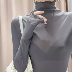 Blusa de renda de gola alta para mulher na primavera outono moda de manga comprida fina gaze roupas transparente na internet