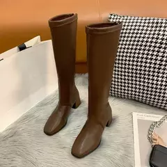 Imagem do Botas longas femininas de salto alto de bloco preto, botas altas de joelho quente, sapatos de couro macio, moda inverno, novo, 2021