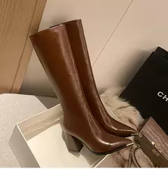 Botas de salto alto para mulheres, zíperes laterais, botas longas para senhoras