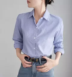 Camisa feminina manga comprida listrada azul, feminina de escritório, moda casual, solta, primavera, outono