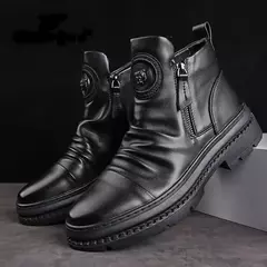 Bota de couro de cano alto masculina, sapato redondo com fecho lateral, sapato casual para caminhada, botas masculinas com conforto exterior, estilo britânico, nova, outono