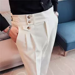 Calça formal de botão de cintura alta estilo britânico masculina, terno casual empresarial, calça de escritório, monocromática, alta qualidade, nova, primavera - loja online