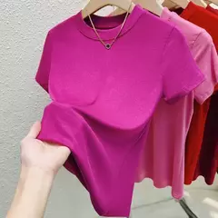 Camiseta de manga curta de gola redonda feminina, blusa casual, camiseta monocromática, plus size, roupas sexy e finas, moda verão - Wolf Magazine