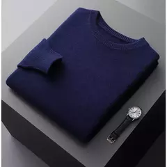 Imagem do Pulôver masculino de malha com mangas compridas, suéter 100% lã merino, top casual básico de cor sólida, moda