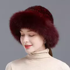 Imagem do Chapéu de pele de vison genuíno para mulheres Boné de malha natural Gorros luxuosos Headwear de malha artesanal Pele de raposa real, moda inverno quente, nova