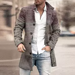 Imagem do Outono inverno retro impressão de lã casaco masculino casual único breasted lapela manga longa casaco moda masculina bolso solto meados longo jaqueta