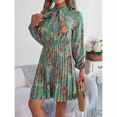 Vestido de Natal para as mulheres, manga longa, solto, elástico, estampa de flores, plissado, gola redonda, mini, novo, outono, 2022