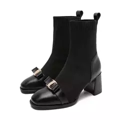 Botas de malha para mulheres, botas curtas de emagrecimento, sapatos de salto grosso, decoração metálica, moda feminina, outono, inverno - loja online