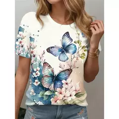 Camiseta colorida com padrão de borboleta feminina, camisetas estampadas com flores 3D, camiseta solta na moda, manga curta, tops redondos com pescoço, vívido