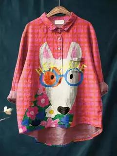 Sardinha de peixe retrô casual feminina arte camisa de bolso manga longa, camisas estampadas estilo havaiano, tops com gola v, verão