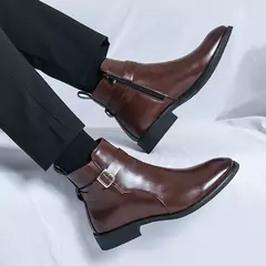 Botas de couro macio chelsea para homens, botas pontiagudas, estilo britânico casual, sapato alto curto, moda empresarial clássica - comprar online