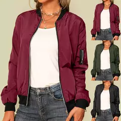 Jaqueta bomber fina feminina, manga comprida, casaco fino, corta-vento casual, gola alta, jaqueta com zíper, monocromática, moda outono - comprar online