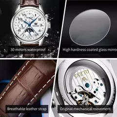 OLEVS-Relógio de pulso mecânico automático masculino, Moon Phase, Calendário, Impermeável, Aço inoxidável, Pulseira de couro, Original - loja online