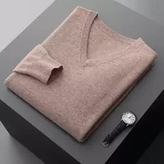 Suéter de cashmere com decote em v masculino espesso solto, lã de cor sólida, malha, casual para negócios novo, outono e inverno - loja online