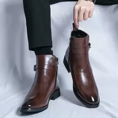 Botas de couro macio chelsea para homens, botas pontiagudas, estilo britânico casual, sapato alto curto, moda empresarial clássica