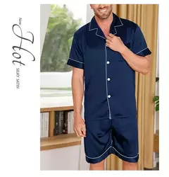 Conjunto de pijamas de manga curta masculino, camisa e shorts de botão, pijamas, bolsos, roupa de verão na internet