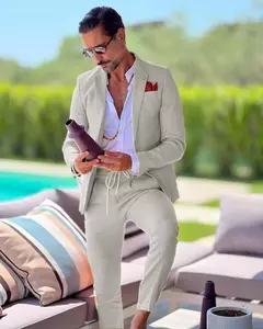 Terno de linho de peito único masculino, casaco casual, desgaste formal do trabalho, jaqueta, calças, slim fit, negócios, casamento, noivo, verão, 2 peças - Wolf Magazine