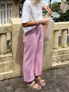 Calça xadrez casual feminina com cordão, cintura alta, calça reta, roupa diária, amiga da pele, moda verão, nova, venda quente na internet