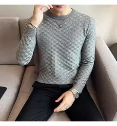 Outono inverno estiramento jacquard tecido o-pescoço camisola waffle masculina ajuste fino manga longa pullovers de malha casual streetwear homme