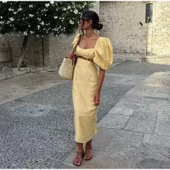 Imagem do Vestido midi elegante e recortado para mulheres, gola quadrada, manga folhada, vestido de fenda para senhora, elegante moda de festa, amarelo, verão, 2024