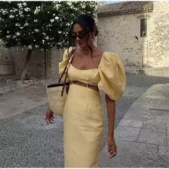 Imagem do Vestido midi elegante e recortado para mulheres, gola quadrada, manga folhada, vestido de fenda para senhora, elegante moda de festa, amarelo, verão, 2024