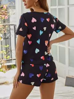 Pijamas de manga curta feminina, shorts estampados em coração, conjuntos de pijama feminino, lounge feminino, t plus size, 2 peças - Wolf Magazine