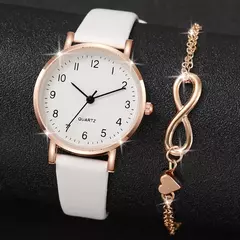 Imagem do Relógio de couro branco feminino, relógio de quartzo simples com bracelete coração amor, conjunto 2 peças