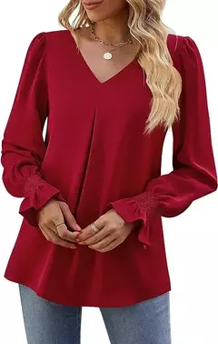 Imagem do Nova camisa feminina de chiffon de cor sólida com decote em v pulôver queimado manga comprida camisa superior senhora do escritório elegante cáqui blusas soltas