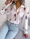 Mulheres Casual Pena Imprimir Collar Manga Longa Camisa Branco Rosa Azul