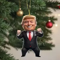 Natal acrílico pendurado ornamento para carro e árvore, pingente dos desenhos animados engraçados, Trump-Inspirado, presente perfeito do feriado, 1pc