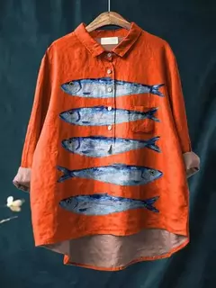 Sardinha de peixe retrô casual feminina arte camisa de bolso manga longa, camisas estampadas estilo havaiano, tops com gola v, verão na internet