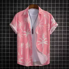 Imagem do Camisa havaiana estampada geométrica masculina, blusa de praia de peito único, tops de manga curta, roupa de feriado masculina, moda flor, 2023