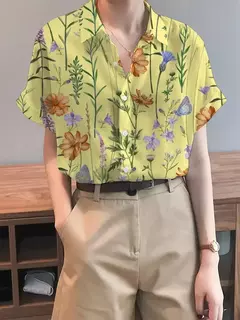 Camisa feminina colorida em 3D com estampa floral, tops de manga curta, botão, gola elegante, primavera e outono, 2024 - loja online