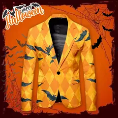 Terno solto casual estampado em Halloween masculino, jaqueta de botão único, p