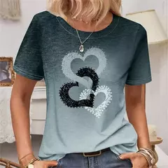 Camiseta estampada com coração feminino, blusa em tamanho grande, moda feminina de verão, camiseta redonda, camisa feminina de manga curta, novo, 2024