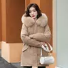 Parka longa de lã com capuz feminino com gola de pele, casaco fino, roupas acolchoadas, neve quente, moda inverno, novo, 2023