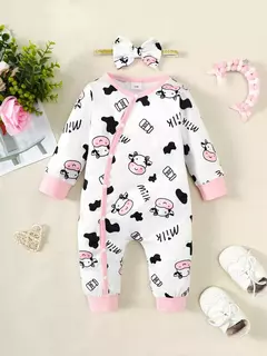 Bebê recém-nascido Vaca Bonito Bodysuit Manga Longa e Headband Romper, Macacão de Moda, Primavera e Outono, 0-18 meses, 2pcs