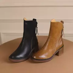 Botas de plataforma chelsea para mulheres, salto robusto, dedo do pé redondo, marrom, botins, salto alto, couro, ao ar livre, novo na internet