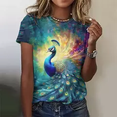 Imagem do Lindo pavão padrão camiseta para mulheres flor colorida 3d impresso t camisas moda solta camisetas mangas curtas em torno do pescoço topos