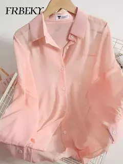 Chiffon camisa fina para as mulheres, blusa solta, single-breasted, cor sólida, moda coreana, tamanho grande, novo, verão - loja online